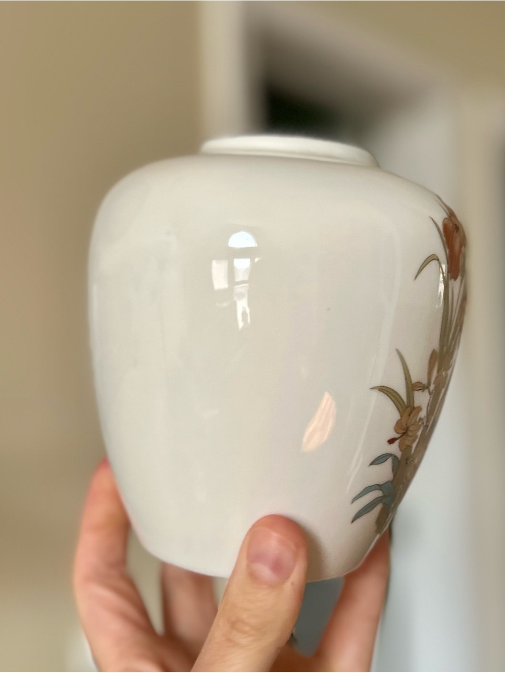 White Ceramic Vase with Brown and Beige Florals and Bird Design - Picture 3 of 8